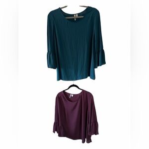 Lot of Two Elle Bell Sleeve blouses in Size Large in Teal and Wine Color